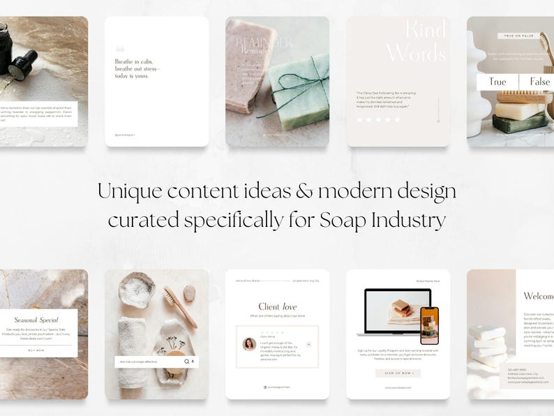 Op de afbeelding: Een verzameling afbeeldingen met tekst en productweergaven, samengesteld voor de zeepindustrie. De afbeeldingen bevatten zeepblokken, tekstoverlays met zinnen als "Kind Words" en "Seasonal Special", en een laptop- en telefoonmodel.