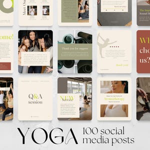 100 Yoga Social Media Post Templates | yoga studio business Instagram IG grid, Facebook fb Canva Editable template yogi content, fitness zen