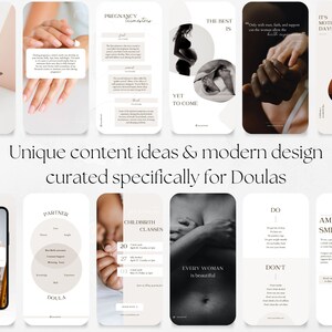 May include: A collage of nine images with a modern design aesthetic, featuring a variety of topics related to pregnancy, childbirth, and doula services. The images include a podcast logo, a hand applying lotion, a pregnancy timeline, a quote about the importance of support during labor, a photo of a pregnant woman's feet, a photo of hands holding each other, a photo of a mother and child, a Venn diagram illustrating the roles of a partner and doula, a calendar of childbirth classes, a photo of a woman's chest, a list of things to do and not to do during labor, and a photo of a woman with the text "Amanda Smith".