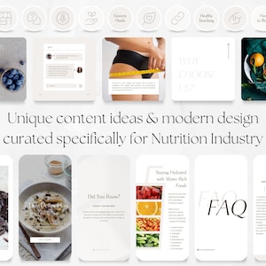 May include: A collage of images promoting a nutrition business. The images include a reminder to drink water, a 7-day detox plan, a FAQ section, and a list of the benefits of cocoa. The text "Unique content ideas & modern design curated specifically for Nutrition Industry" is displayed in the center of the collage.