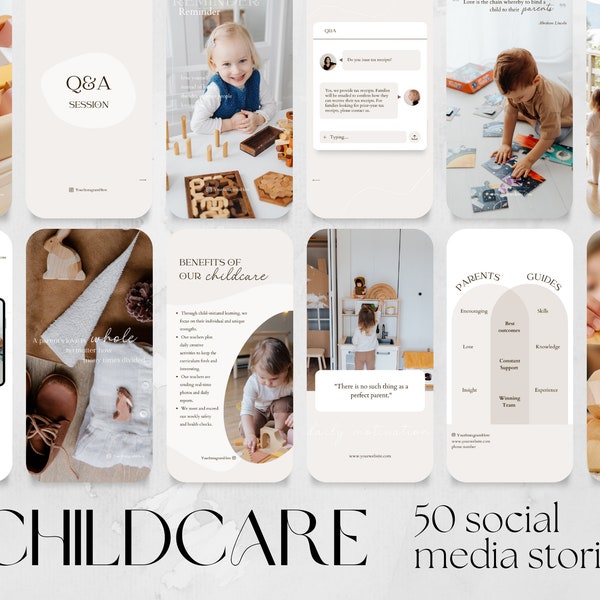 50 Childcare Social Media Stories Templates | Montessori child care daycare, licensed preschool kids school kindergarten, Instagram Facebook