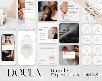 175 Doula Bundle: 50 Posts, 50 Stories, 75 Highlights | Birth Worker Social Media Templates, Instagram, Facebook Content, Midwife, (ENGLISH)