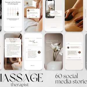 May include: A collection of 60 social media story templates for massage therapists. The templates feature a variety of designs, including images of candles, flowers, and people receiving massages. The text on the templates includes phrases like "Massage can be effective in reducing pain", "Sore After a Massage?", and "Client Love".