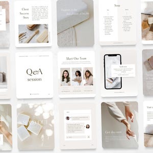 Op de afbeelding: Een verzameling productpresentatiekaarten met een neutraal kleurenpalet. De kaarten bevatten tekst en afbeeldingen met betrekking tot zeep, inclusief ingredi&euml;nten, teamfoto's en een "Uitverkocht"-bericht. Het algemene thema is een minimalistische esthetiek.