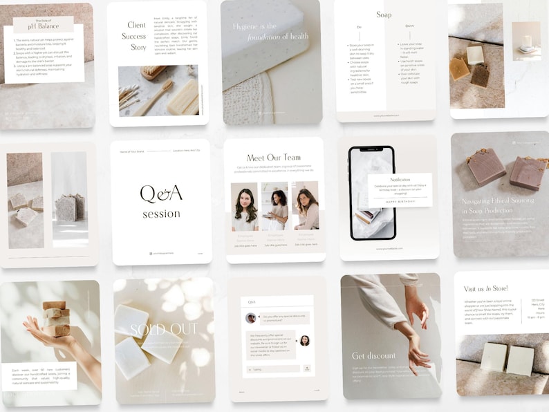 Op de afbeelding: Een verzameling productpresentatiekaarten met een neutraal kleurenpalet. De kaarten bevatten tekst en afbeeldingen met betrekking tot zeep, inclusief ingredi&euml;nten, teamfoto's en een "Uitverkocht"-bericht. Het algemene thema is een minimalistische esthetiek.