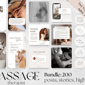 May include: A collage of images promoting massage therapy services. The images feature a variety of massage techniques, including Swedish massage, deep tissue massage, and prenatal massage. The text on the images includes the words "Massage Therapist", "Reminder", "Causes of Muscle Tightness", "Sore After a Massage? Here is what to do", "Client Testimonial", "Self Love", "Swedish Massage", "Teaching Technique", and "Bundle: 200 posts, stories, highlights".