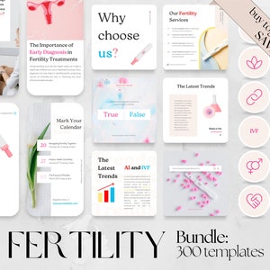 Könnte beinhalten: Ein rosa-weißes Grafikdesign-Paket für soziale Medien mit dem Text "FERTILITY Bundle: 300 templates". Das Paket enthält Bilder von Fruchtbarkeitsbehandlungen, Schwangerschaftstests und anderen verwandten Themen. Die Bilder sind in einem Raster mit einem rosa-weißen Farbschema angeordnet.