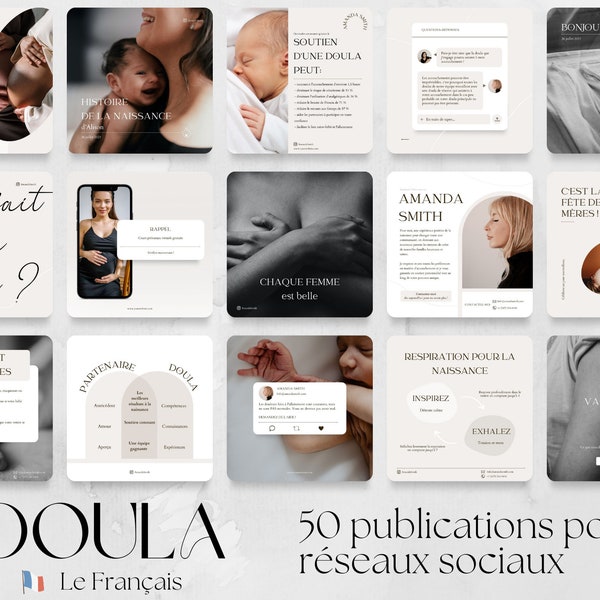 Doula: 50 Publications pour réseaux sociaux | modèles modifiables, post-partum, sage-femme idée de contenu, post Facebook Instagram (FRENCH)