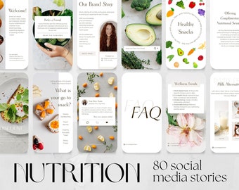 80 Nutrition Social Media Story Templates | Health Wellness Coach, Nutritionist, Dietician, Food business Instagram Facebook Canva Editable