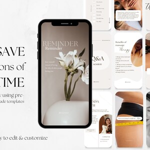 May include: A collection of social media templates for a massage therapist. The templates feature a white background with black text and images of flowers, hands, and a person getting a massage. The text on the templates includes "Reminder", "Q&A session", "Benefits of massage therapy", "What does a therapist do?", "Face lifting massage course", and "Save tons of time by using pre-made templates. Easy to edit & customize."