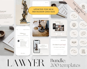 May include: A collection of 200 Instagram templates for lawyers, featuring a variety of designs with legal themes, including scales of justice, legal documents, and a gavel. The text "LAWYER Bundle: 200 templates" is displayed at the bottom of the image.