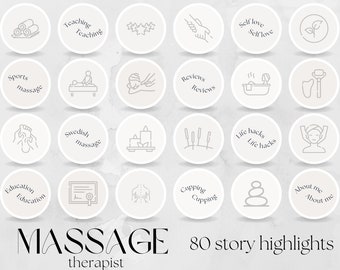 May include: A set of 16 Instagram story highlight icons for a massage therapist. The icons are in a minimalist style with a white background and gray outlines. The icons include a variety of massage-related topics, such as sports massage, Swedish massage, cupping, and self-love.