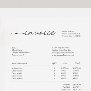May include: A black and white invoice with the word "invoice" written in cursive at the top. The invoice number is 00192, the invoice date is 01.01.2025, and the payment due date is 01.02.2025. The invoice lists a main service, other services, and a subtotal, tax, and total due.