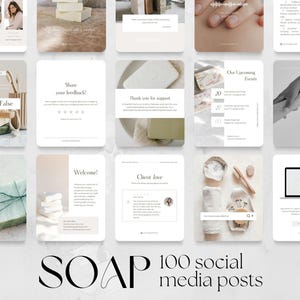 100 modelli di post sui social media per attività di produzione di sapone / Instagram IG grid, Facebook fb Canva Contenuto del modello modificabile negozio di sapone artigianale