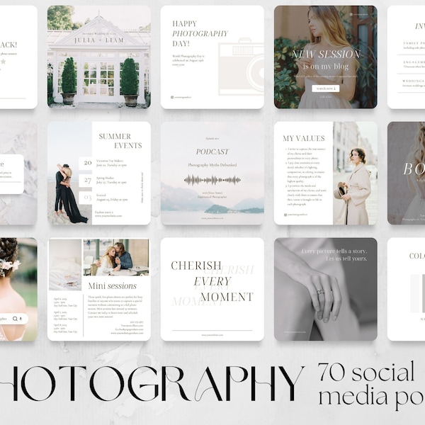 70 Photography Social Media Post Templates | wedding family portrait photographer business marketing Instagram Facebook design photo studio