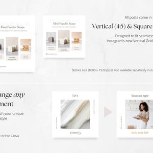 Op de afbeelding: Een promotionele afbeelding voor social media posts, met zeep producten. Het ontwerp bevat verticale en vierkante lay-outs, met de tekst "Most Popular Soaps" en "Change any element". De afbeelding is ontworpen om in de rasterindeling van Instagram te passen.