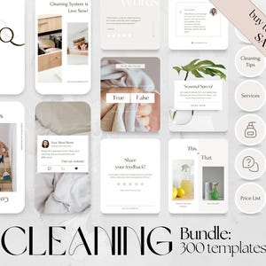 May include: A set of 300 cleaning service social media templates in a white and black colour scheme. The templates feature various designs, including text boxes, icons, and images. The text "CLEANING Bundle: 300 templates" is displayed at the bottom of the image.