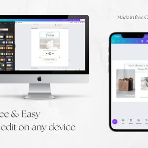 Op de afbeelding: Een desktopcomputer en een smartphone tonen een ontwerpinterface. Het computerscherm toont een video-interface, terwijl de telefoon een nieuwe collectie presenteert. De tekst luidt "Free & Easy to edit on any device" en "Made in free Canva."