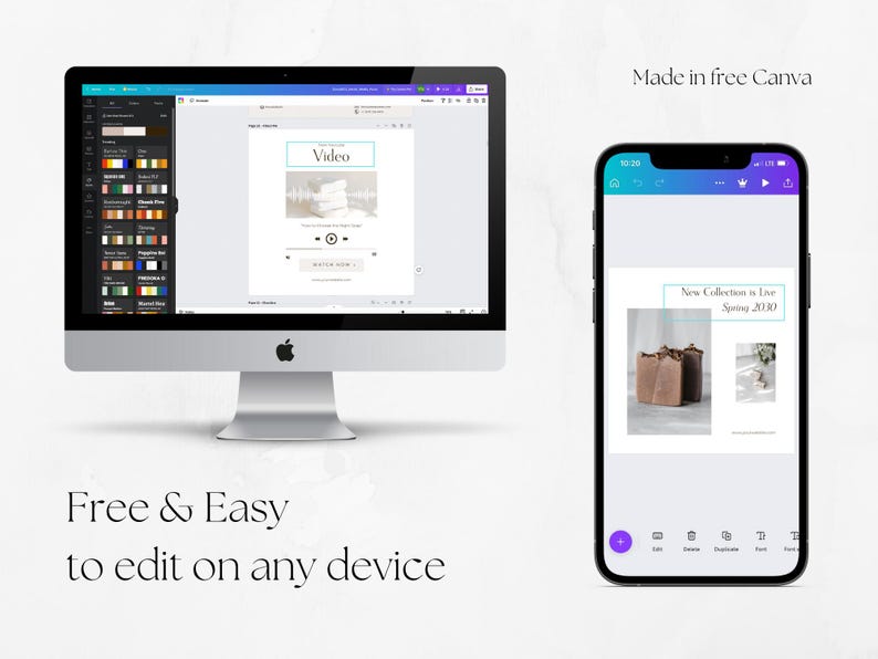 Op de afbeelding: Een desktopcomputer en een smartphone tonen een ontwerpinterface. Het computerscherm toont een video-interface, terwijl de telefoon een nieuwe collectie presenteert. De tekst luidt "Free & Easy to edit on any device" en "Made in free Canva."