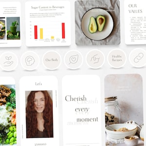 May include: A collage of images promoting healthy eating and lifestyle choices. The images include a salad bowl, a chart showing sugar content in beverages, a plate with avocado halves, a graphic of a heart, and text that says "Cherish every moment".