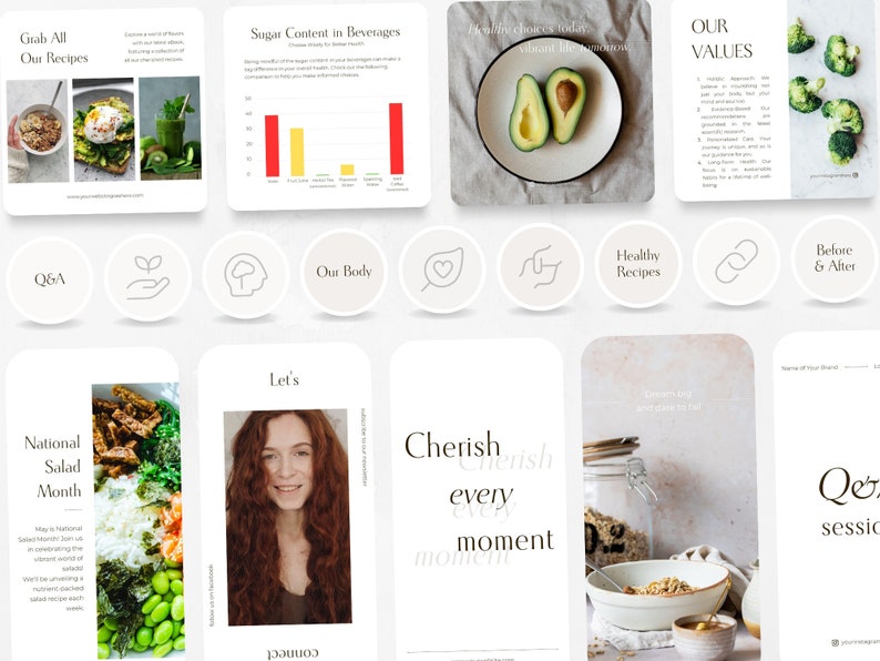 May include: A collage of images promoting healthy eating and lifestyle choices. The images include a salad bowl, a chart showing sugar content in beverages, a plate with avocado halves, a graphic of a heart, and text that says "Cherish every moment".