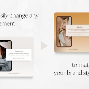 May include: A customizable social media template with a notification message. The template features a smartphone screen with a woman wearing a hat and a gold earring. The notification message says "Celebrate your special day with us! Enjoy a birthday treat - a discount on your shopping! Happy Birthday!" The template is on a white background.