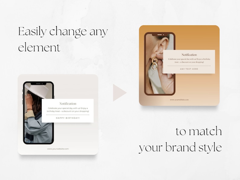 May include: A customizable social media template with a notification message. The template features a smartphone screen with a woman wearing a hat and a gold earring. The notification message says "Celebrate your special day with us! Enjoy a birthday treat - a discount on your shopping! Happy Birthday!" The template is on a white background.
