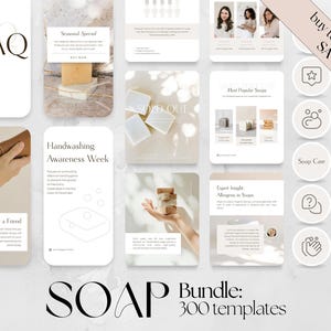 300 modelli di bundle per social media per attività di produzione di sapone: post, storie, copertine di storie in evidenza / griglia Instagram, Facebook Canva modificabile