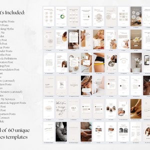 May include: A collection of 60 unique Instagram story templates for massage therapists. The templates are designed in a minimalist style with a neutral color palette of beige and white. The templates include a variety of designs, such as infographics, expert posts, and quotes.