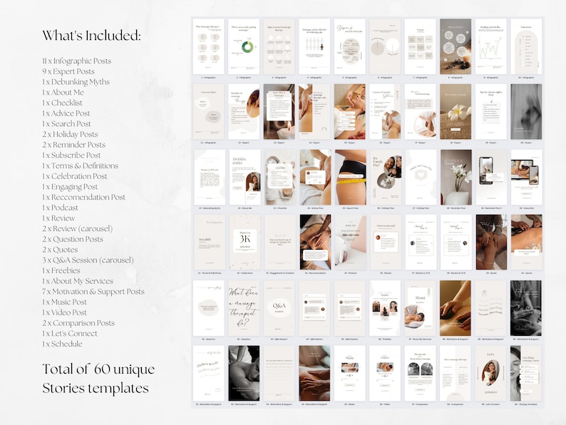 May include: A collection of 60 unique Instagram story templates for massage therapists. The templates are designed in a minimalist style with a neutral color palette of beige and white. The templates include a variety of designs, such as infographics, expert posts, and quotes.