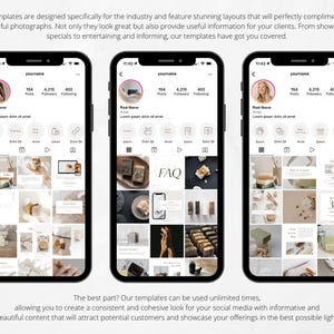 Op de afbeelding: Drie smartphones tonen Instagram-sjablonen met afbeeldingsroosters. De sjablonen gebruiken een neutraal kleurenpalet en bevatten de tekst "FAQ" en "3K". De tekst bovenaan luidt: "Onze sjablonen zijn specifiek ontworpen voor de industrie..."