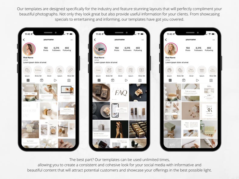 Op de afbeelding: Drie smartphones tonen Instagram-sjablonen met afbeeldingsroosters. De sjablonen gebruiken een neutraal kleurenpalet en bevatten de tekst "FAQ" en "3K". De tekst bovenaan luidt: "Onze sjablonen zijn specifiek ontworpen voor de industrie..."