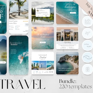 220 Travel Bundle: 70 Posts, 70 Stories, 80 Highlight Covers | traveling agent agency hotel flight vacation deals business marketing travel