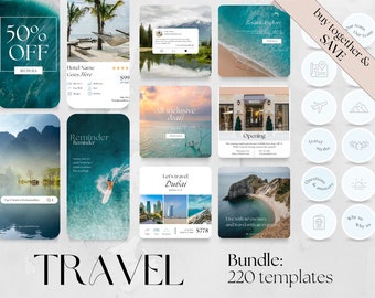220 Travel Bundle: 70 Posts, 70 Stories, 80 Highlight Covers | traveling agent agency hotel flight vacation deals business marketing travel