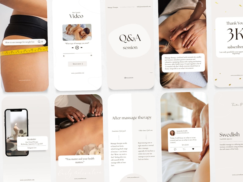 May include: A collage of images promoting massage therapy services. The images show a person receiving a massage, a person using hot stones for massage, and a person receiving a Swedish massage. The text in the images includes "How to use massage for weight loss", "Q&A session", "After massage therapy", "You matter and your health matters", "Swedish", and "Thank you 3K subscribers".