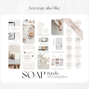 Op de afbeelding: Een digitale productpresentatie met sjablonen voor sociale media. De afbeelding toont verschillende mockups van telefoonschermen en pictogrammen met tekst als "SOAP Bundle: 300 templates" en "buy together & SAVE". Het kleurenpalet is neutraal met beige en witte tinten.