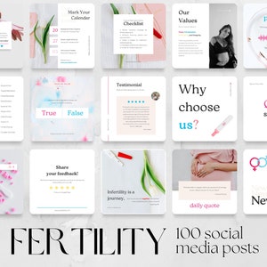 Könnte beinhalten: Eine Collage aus 12 Social-Media-Posts für eine Fruchtbarkeitsklinik. Die Posts behandeln Themen wie eine Checkliste, Erfahrungsberichte, einen Podcast, eine Q&A-Sitzung und ein Zitat des Tages. Die Posts sind so konzipiert, dass sie für potenzielle Patienten informativ und ansprechend sind.
