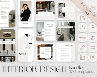 Puede incluir: Una colección de 300 plantillas de diseño de interiores para redes sociales. Las plantillas presentan una estética minimalista con una paleta de colores neutros de blanco, negro y beige. Las plantillas incluyen imágenes de muebles, decoración del hogar y detalles arquitectónicos. El texto "INTERIOR DESIGN Bundle: 300 templates" se muestra en la parte inferior de la imagen.