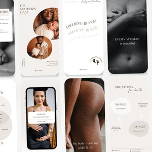 May include: A collage of images related to pregnancy, motherhood, and parenting. The images include a baby's hand, a pregnant woman, a woman holding a baby, a woman's body with stretch marks, and text about breathing techniques for birth, parenting, and the importance of self-care.