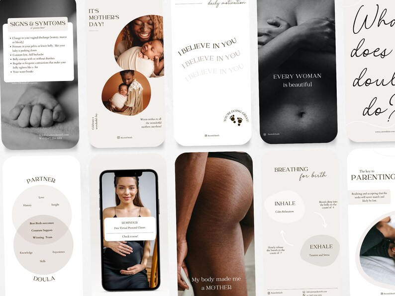 May include: A collage of images related to pregnancy, motherhood, and parenting. The images include a baby's hand, a pregnant woman, a woman holding a baby, a woman's body with stretch marks, and text about breathing techniques for birth, parenting, and the importance of self-care.