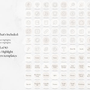 May include: A set of 90 Instagram story highlight covers with various icons and text. The icons are white and the text is black. The icons include a running person, a trophy, a coffee cup, a phone, a smiley face, a calendar, a chef's hat, a dollar sign, a glass of water, a plant, a heart, a brain, a shopping cart, a microphone, a question mark, a star, a store, a Facebook logo, a LinkedIn logo, a strawberry, a cup of coffee, a martini glass, and more.