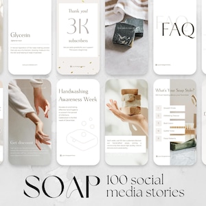 100 modelli di storie per i social media per le aziende di produzione di sapone / Instagram IG, Facebook fb Canva Contenuto del modello modificabile storie di negozi di sapone fatti a mano