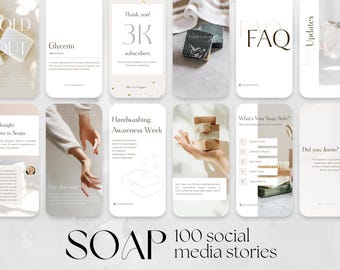100 sjablonen voor het maken van zeep voor het maken van zakelijke sociale media | Instagram IG, Facebook fb Canva Bewerkbare sjablooninhoud handgemaakte zeepwinkelverhalen