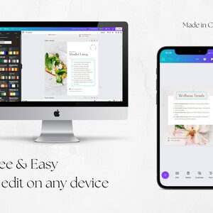 May include: A screenshot of a computer screen and a smartphone showing a Canva design template for a wellness trends infographic. The design features a pink flower with a white center and a list of wellness trends. The text on the screen reads "Wellness Trends" and includes a list of items. The text on the smartphone reads "Made in Canva".