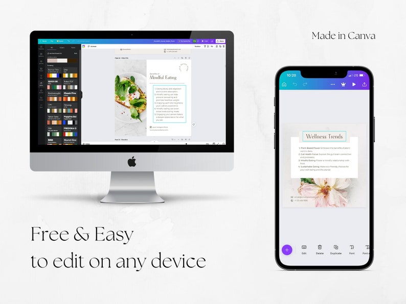 May include: A screenshot of a computer screen and a smartphone showing a Canva design template for a wellness trends infographic. The design features a pink flower with a white center and a list of wellness trends. The text on the screen reads "Wellness Trends" and includes a list of items. The text on the smartphone reads "Made in Canva".