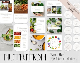 May include: A collection of 250 social media templates for nutrition and wellness content. The templates feature a variety of images, including food, drinks, and wellness activities. The text on the templates includes phrases like "Online Savings!" and "Staying Hydrated with Water-Rich Foods".