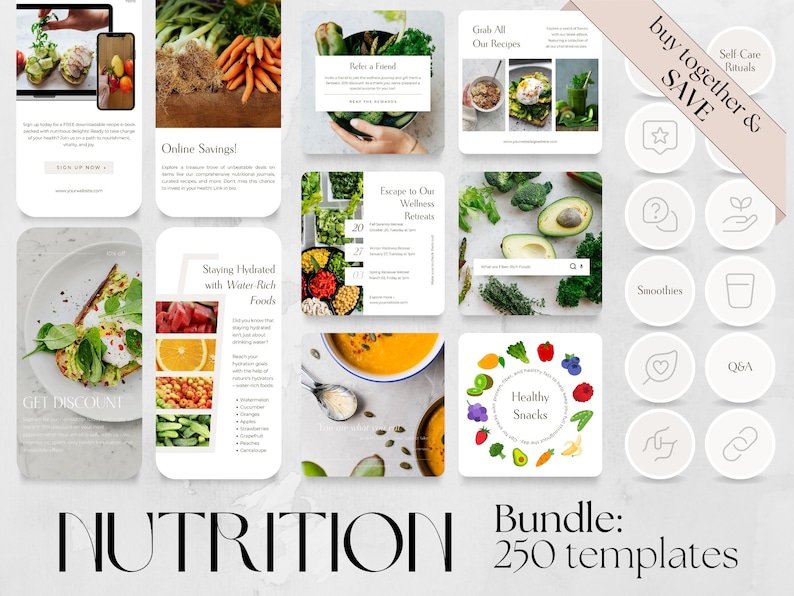 May include: A collection of 250 social media templates for nutrition and wellness content. The templates feature a variety of images, including food, drinks, and wellness activities. The text on the templates includes phrases like "Online Savings!" and "Staying Hydrated with Water-Rich Foods".