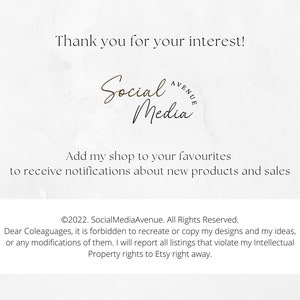 May include: A white background with a brown text overlay that says "Thank you for your interest!" and "Social Media Avenue" in a cursive font. Below the text is a message that says "Add my shop to your favourites to receive notifications about new products and sales."  The text at the bottom of the image says "&copy;2022. SocialMediaAvenue. All Rights Reserved. Dear Coleaguages, it is forbidden to recreate or copy my designs and my ideas, or any modifications of them. I will report all listings that violate my Intellectual Property rights to Etsy right away."