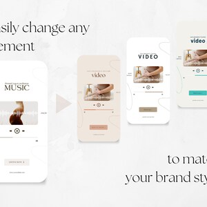May include: Three mockups of mobile phone screens showing different ways to customize a website or app. The first screen shows a music player with the text "Prenatal Yoga & Meditation MUSIC". The second screen shows a video player with the text "Prenatal Yoga & Meditation VIDEO". The third screen shows a video player with the text "video".