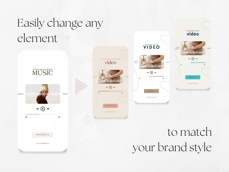 May include: Three mockups of mobile phone screens showing different ways to customize a website or app. The first screen shows a music player with the text "Prenatal Yoga & Meditation MUSIC". The second screen shows a video player with the text "Prenatal Yoga & Meditation VIDEO". The third screen shows a video player with the text "video".